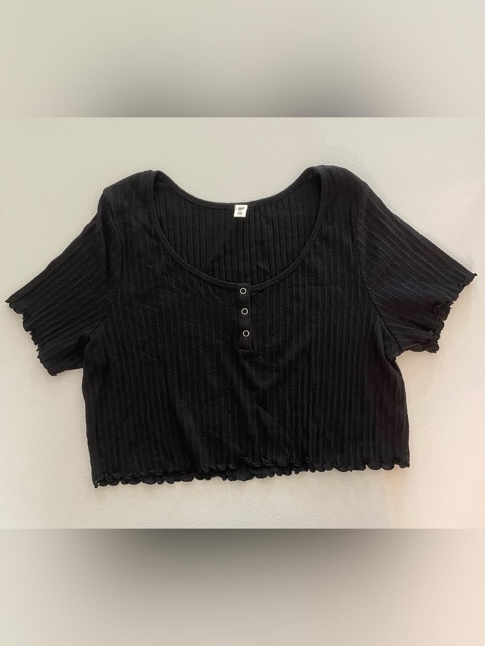 bp Black Ribbed Short-Sleeve Cropped Henley